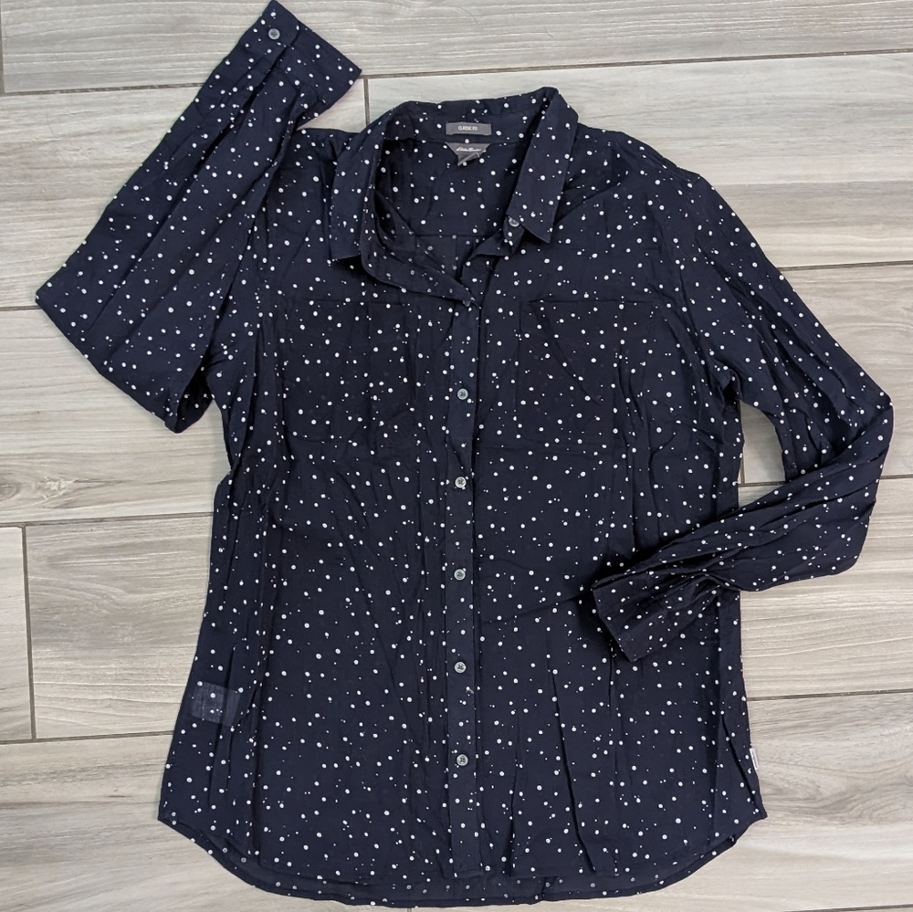 🥁 Eddie Bauer Crinkle Crepey Classic Fit Button Down Spotted Blouse